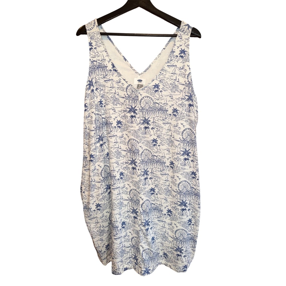 Old Navy Womens XL Blue White Toile Linen Blend Shift Dress Pockets Coastal